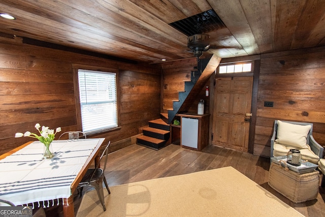 1651 Mergendollar Rd, Good Hope, GA 30641 - interior space with wood walls, stairway, dark wood-style floors, and wood ceiling
