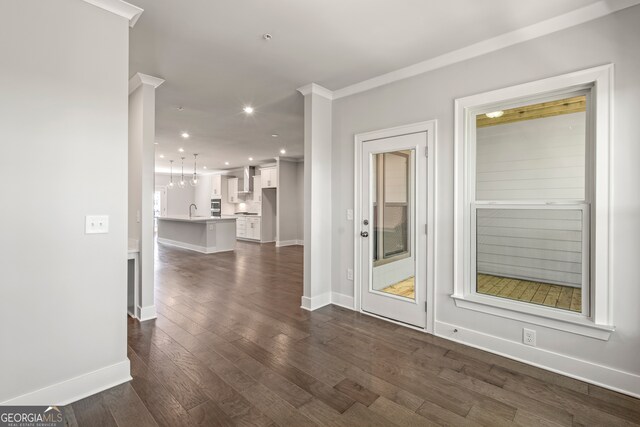 spare room with dark hardwood / wood-style floors and sink