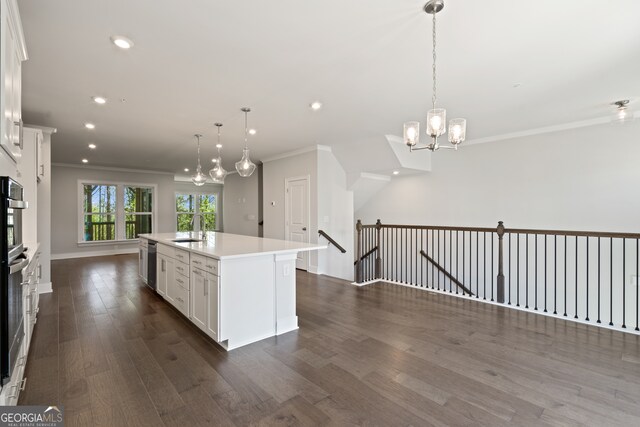 kitchen featuring an island with sink, dark hardwood / wood-style flooring, decorative light fixtures, and sink