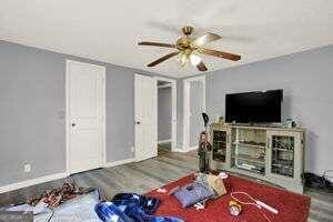 living room with hardwood / wood-style floors and ceiling fan