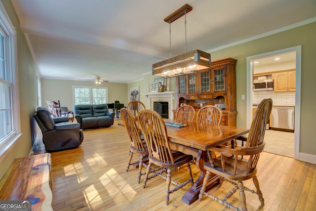 dining room with a brick fireplace, light hardwood / wood-style flooring, crown molding, and ceiling fan