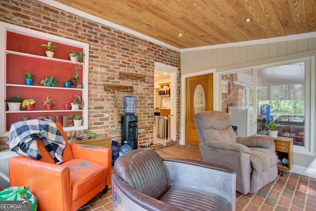 living room with crown molding, wood ceiling, and brick wall