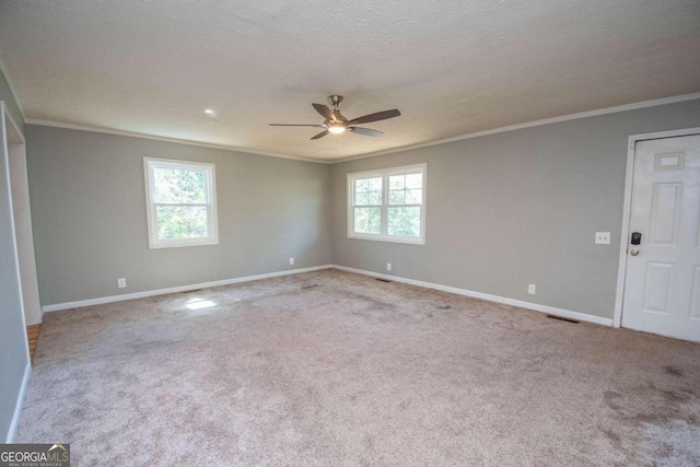 carpeted empty room with a textured ceiling, ornamental molding, ceiling fan, and plenty of natural light