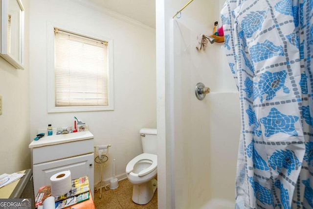 bathroom featuring vanity, crown molding, curtained shower, and toilet