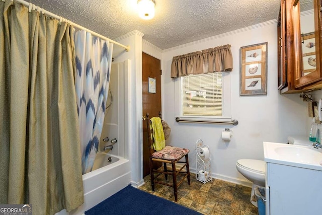 full bathroom featuring a textured ceiling, ornamental molding, shower / tub combo with curtain, vanity, and toilet