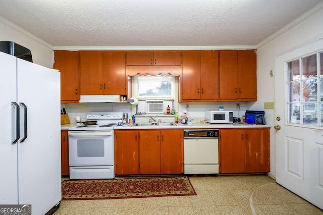 kitchen with white appliances, ornamental molding, sink, and range hood