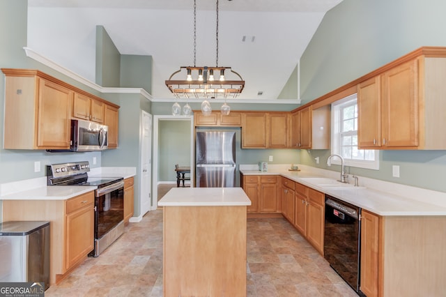 kitchen with a center island, sink, hanging light fixtures, high vaulted ceiling, and appliances with stainless steel finishes