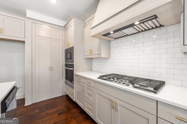 kitchen with dark hardwood / wood-style flooring, appliances with stainless steel finishes, tasteful backsplash, and custom exhaust hood