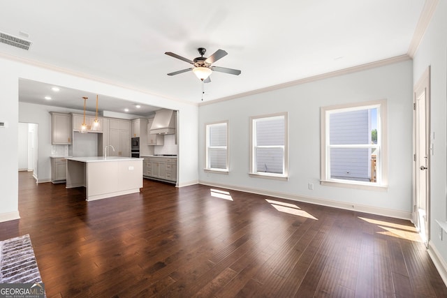 236 Westpark, Athens, GA 30606 - unfurnished living room with ornamental molding, ceiling fan, baseboards, a sink, and dark wood finished floors