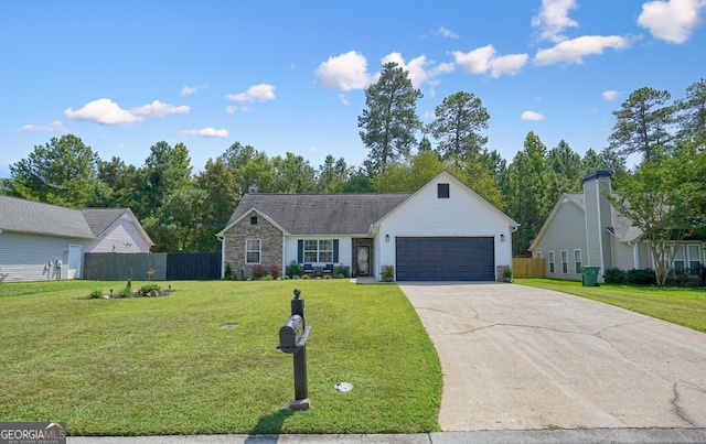 ranch-style home featuring a front yard and a garage