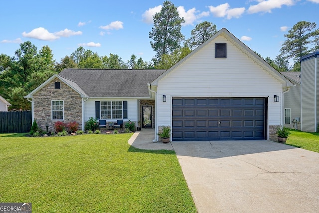 single story home with a front lawn and a garage