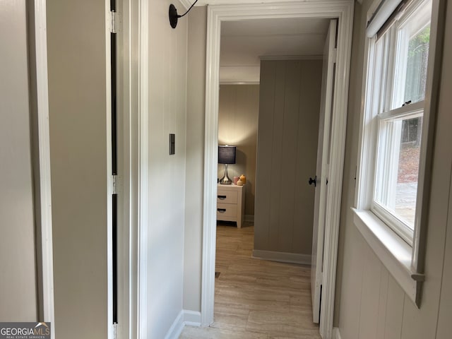 corridor with wood walls, ornamental molding, and light hardwood / wood-style flooring