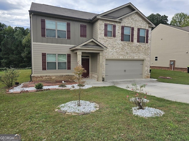 craftsman inspired home with concrete driveway, a garage, board and batten siding, and a front yard