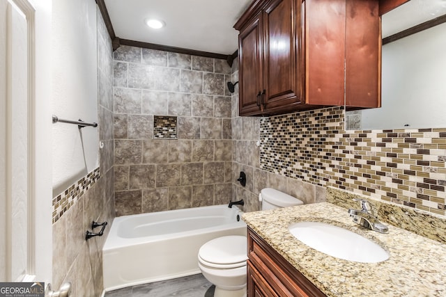 full bathroom with vanity, crown molding, washtub / shower combination, hardwood / wood-style floors, and toilet