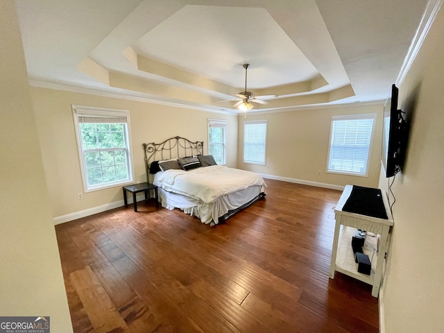 bedroom featuring ceiling fan, a tray ceiling, crown molding, and dark wood-type flooring