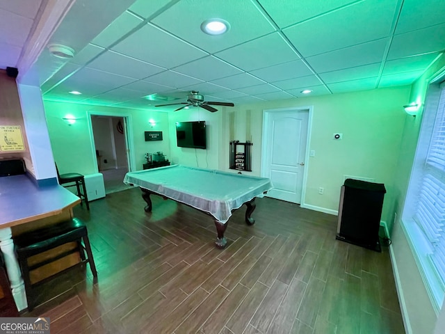 recreation room featuring a drop ceiling, ceiling fan, billiards, and hardwood / wood-style flooring