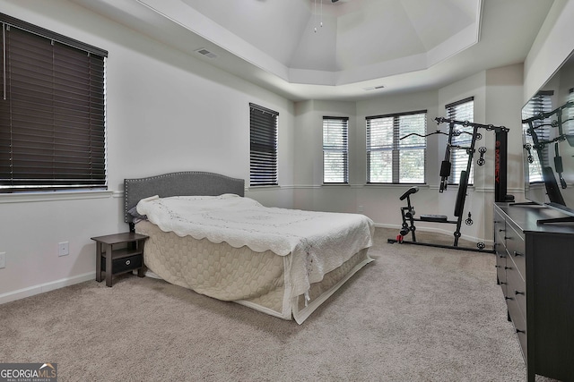 carpeted bedroom featuring a tray ceiling and ceiling fan