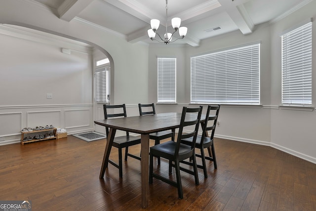 dining room with ornamental molding, coffered ceiling, beamed ceiling, and dark wood-type flooring