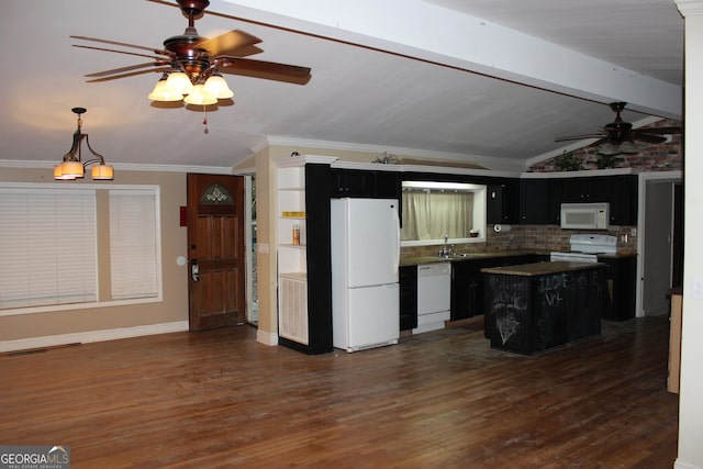 kitchen featuring vaulted ceiling with beams, white appliances, a center island, and dark hardwood / wood-style floors