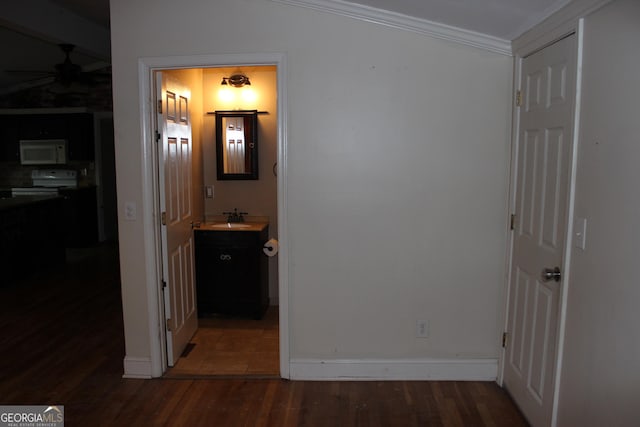 hallway featuring crown molding, dark wood-type flooring, and sink