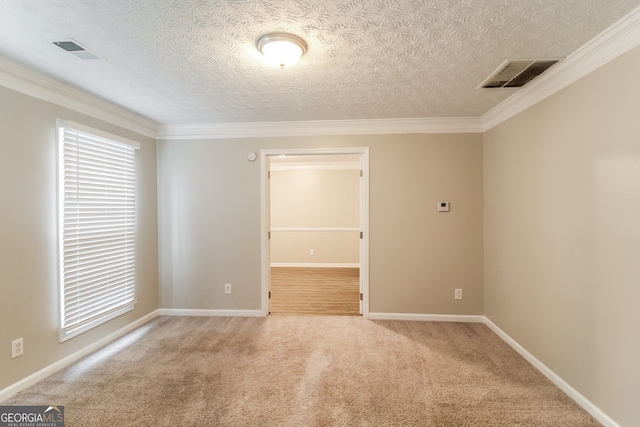 carpeted spare room featuring a textured ceiling and crown molding