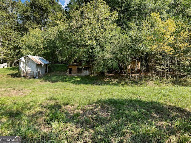 view of yard featuring a storage unit