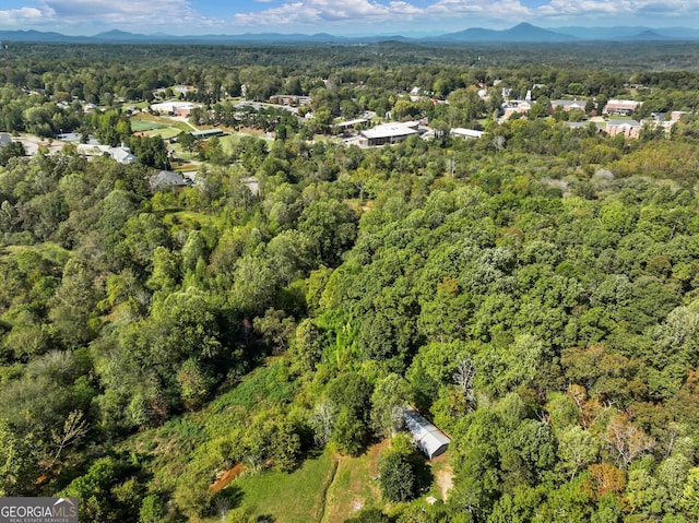 drone / aerial view featuring a mountain view