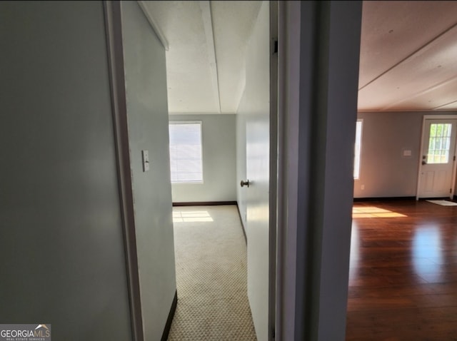 corridor with wood-type flooring