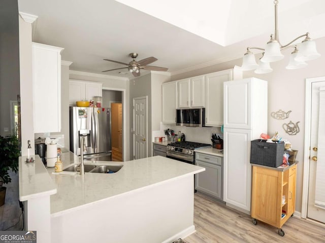 kitchen with pendant lighting, white cabinets, sink, kitchen peninsula, and stainless steel appliances