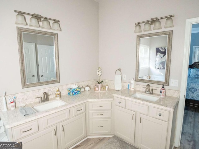 bathroom with vanity and wood-type flooring