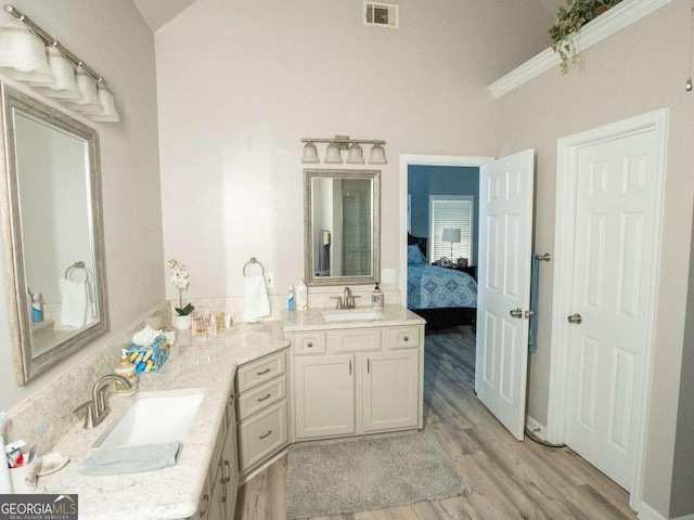 bathroom with hardwood / wood-style floors, vanity, and ornamental molding