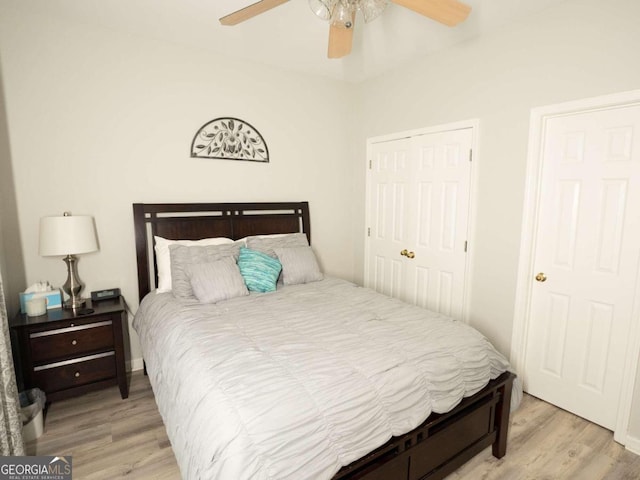 bedroom featuring ceiling fan and light hardwood / wood-style floors