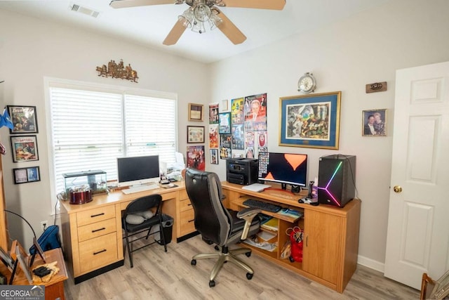 office space featuring ceiling fan and light wood-type flooring