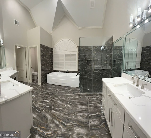 full bathroom featuring vanity, plus walk in shower, toilet, and high vaulted ceiling