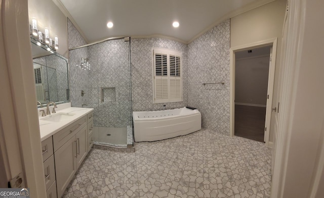 bathroom with vanity, plus walk in shower, and crown molding