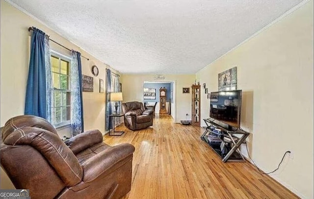 living room with ornamental molding, wood-type flooring, and a textured ceiling