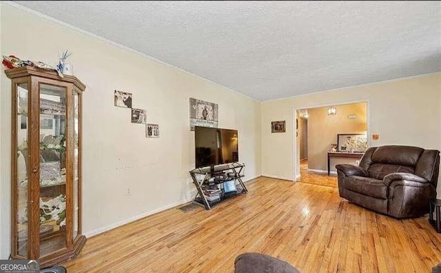 living room with a textured ceiling and light hardwood / wood-style flooring