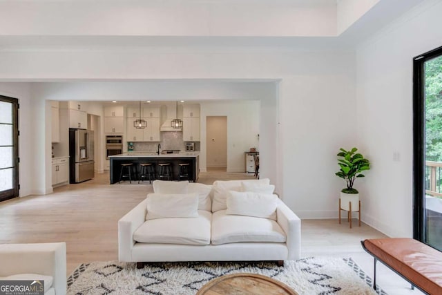 living room featuring light wood-type flooring, ornamental molding, and sink