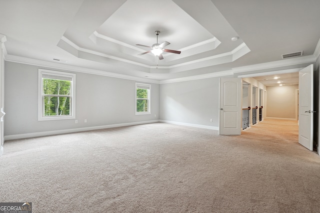 spare room featuring light carpet, plenty of natural light, and ornamental molding