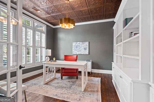 home office featuring french doors, crown molding, a notable chandelier, and dark hardwood / wood-style flooring