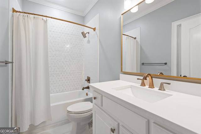 full bathroom with vanity, toilet, ornamental molding, and shower / tub combo