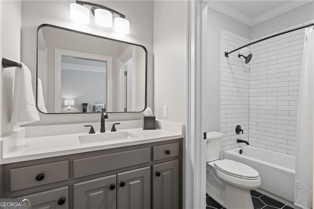 full bathroom featuring vanity, crown molding, shower / bath combination with curtain, and toilet