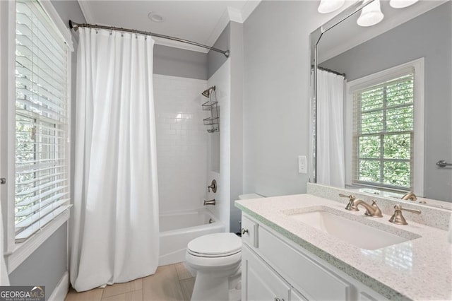 full bathroom with shower / bath combination with curtain, toilet, vanity, crown molding, and tile patterned flooring