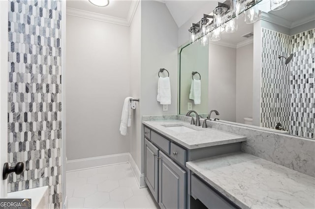 bathroom with walk in shower, toilet, vanity, crown molding, and tile patterned flooring