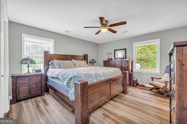 bedroom featuring ceiling fan and light wood-type flooring