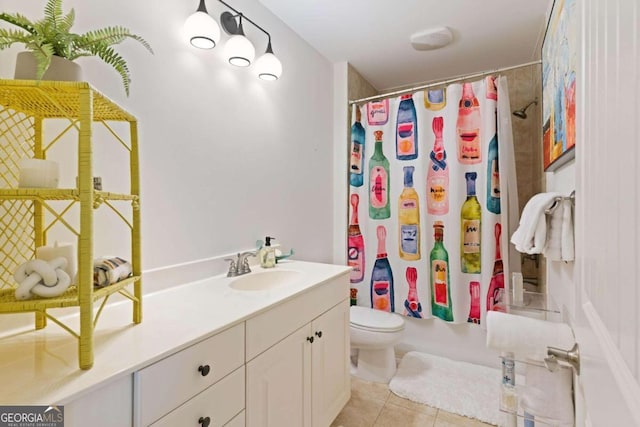 full bathroom with vanity, shower / tub combo, toilet, and tile patterned flooring