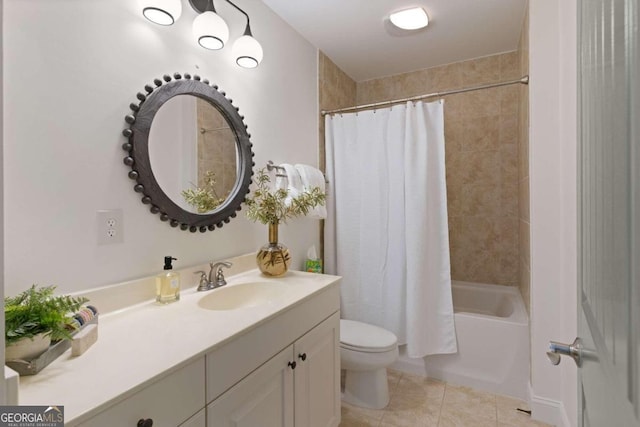 full bathroom with vanity, tile patterned flooring, toilet, and shower / bathtub combination with curtain