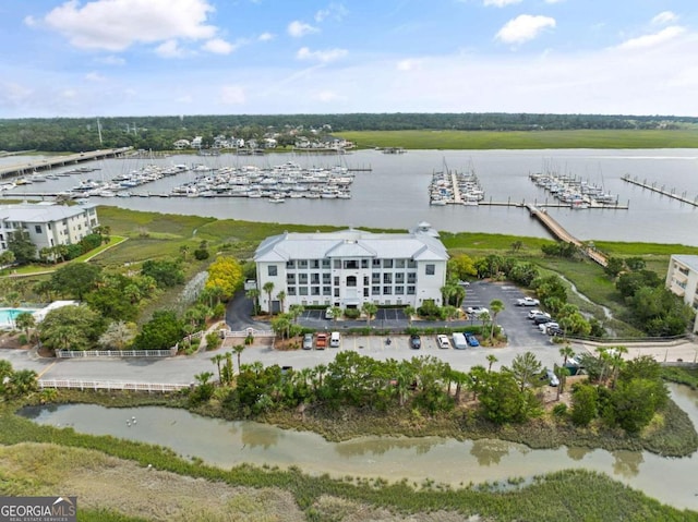 aerial view featuring a water view