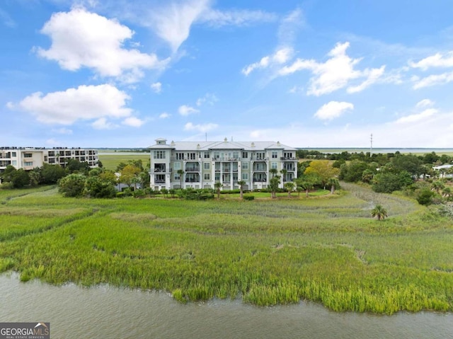 drone / aerial view with a water view