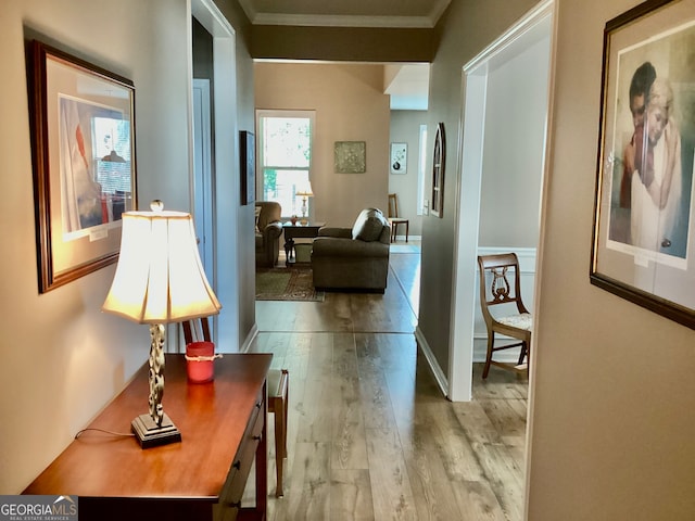 hallway featuring ornamental molding and light wood-type flooring